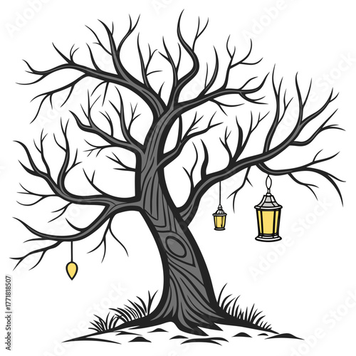 Bare tree with hanging lanterns illustration