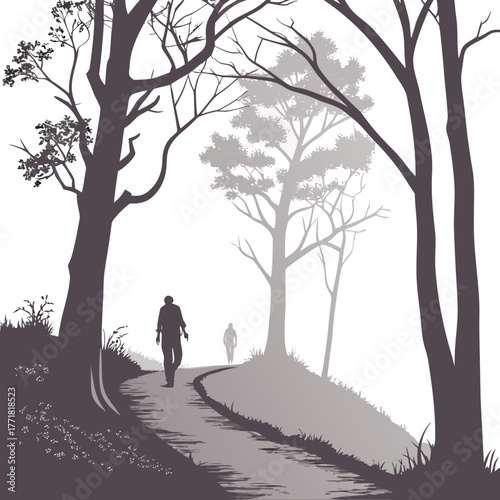 People walking on a path in the woods illustration
