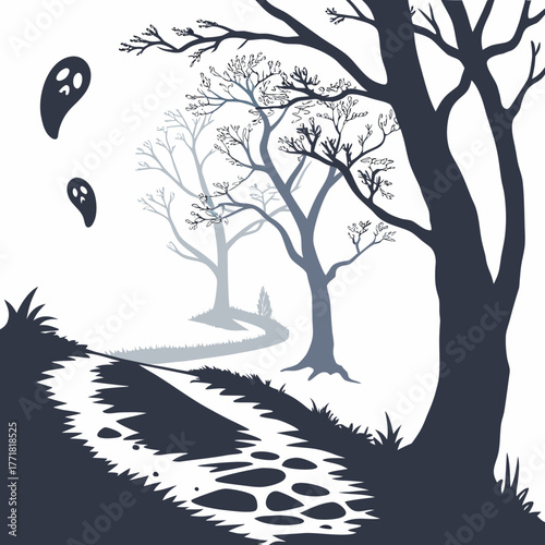 Spooky path with ghosts and trees illustration