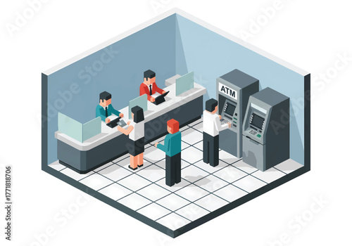 Isometric flat 3D vector of bank interior showing teller counters, ATM machines, and customers withdrawing cash, finance and transaction theme