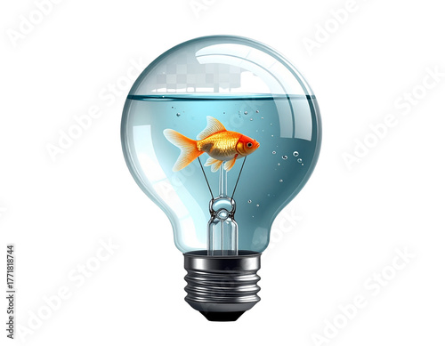 Transparent Light Bulb with Water and Swimming Goldfish, Realistic Illustration, Isolated