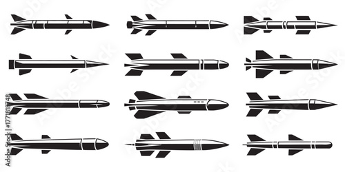 Set of Military Missiles in Black and White Strategic Weaponry Collection