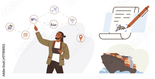 Professional planning global shipping using digital tools, connected networks, signed documents, cargo ships. Ideal for logistics, technology, shipping, planning, contracts trade organization