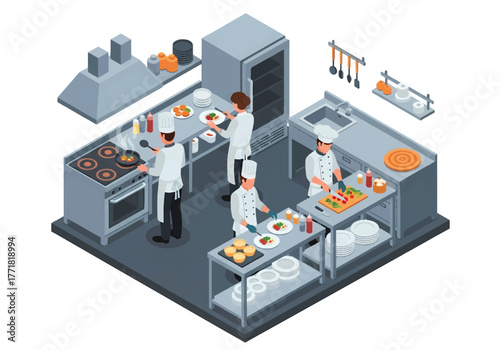 Isometric 3D flat vector of kitchen with chefs cooking and plating food, teamwork and gastronomy theme