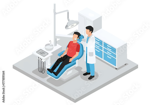Isometric 3D flat vector of dental clinic with dentist and patient, hygiene and healthcare service illustration