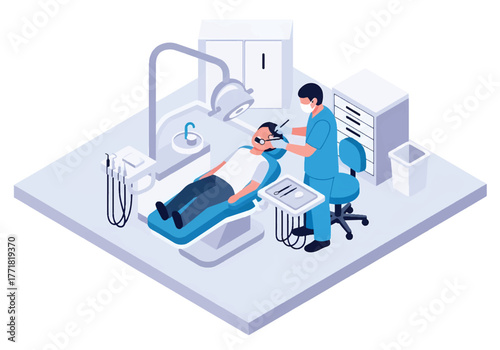 Isometric 3D flat vector of dental clinic with dentist and patient, hygiene and healthcare service illustration