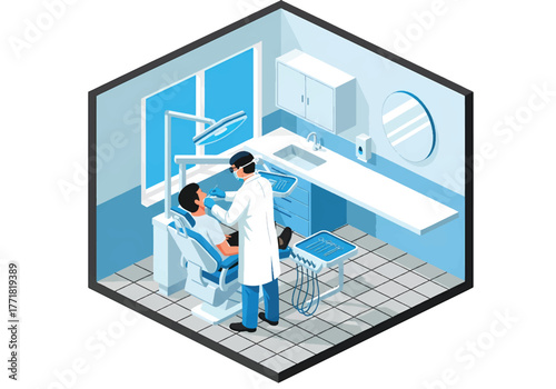 Isometric 3D flat vector of dental clinic with dentist and patient, hygiene and healthcare service illustration