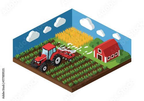 Isometric flat vector of smart farming scene with tractor, crops, modern agriculture and innovation concept
