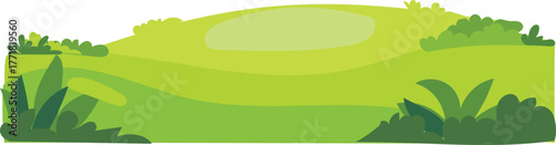 Green meadow with bushes and tree silhouettes background