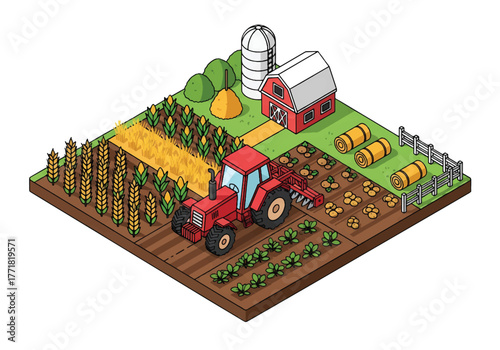Isometric flat vector of smart farming scene with tractor, crops, modern agriculture and innovation concept