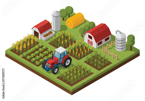 Isometric flat vector of smart farming scene with tractor, crops, modern agriculture and innovation concept