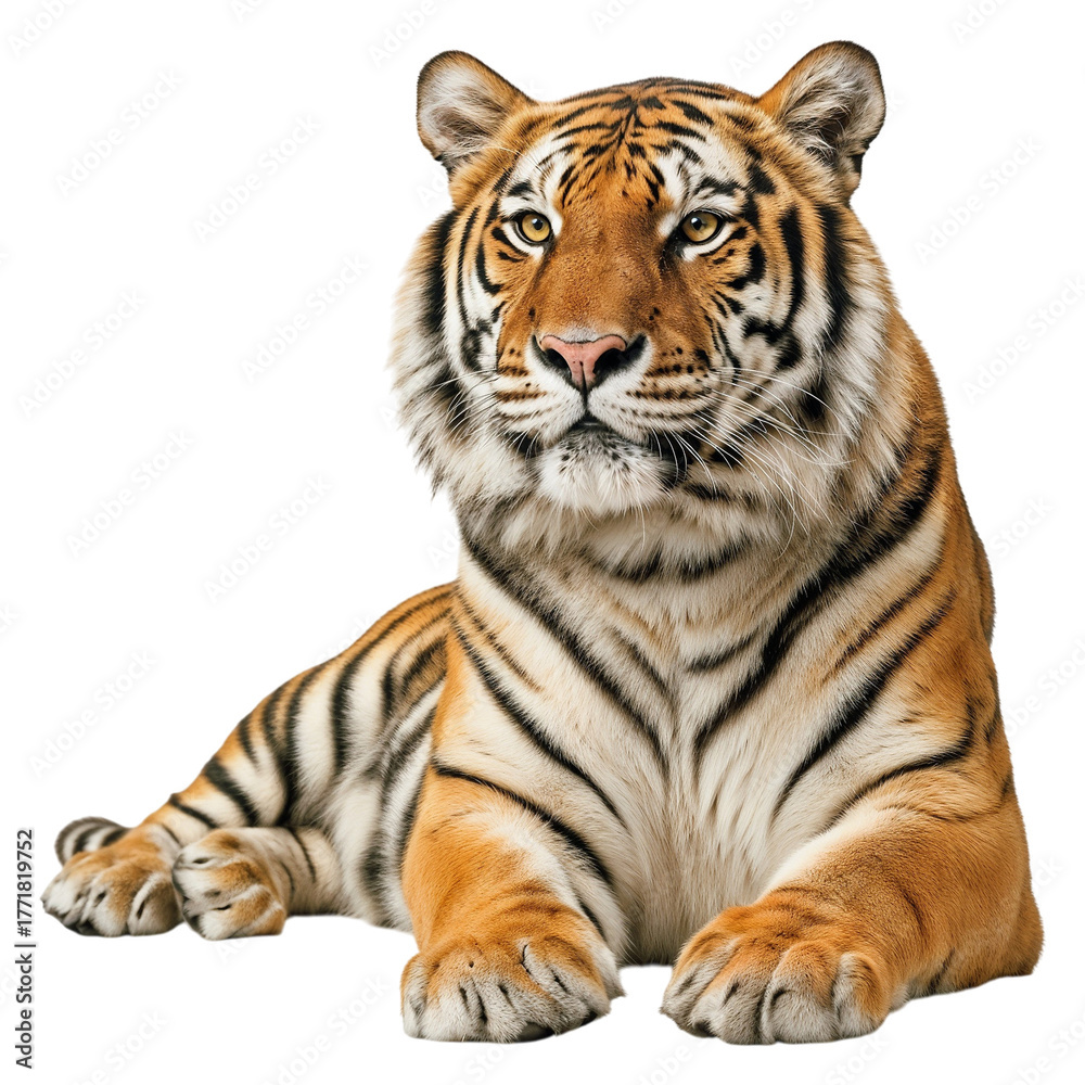 Fototapeta premium Majestic bengal tiger sitting proudly isolated on transparent background