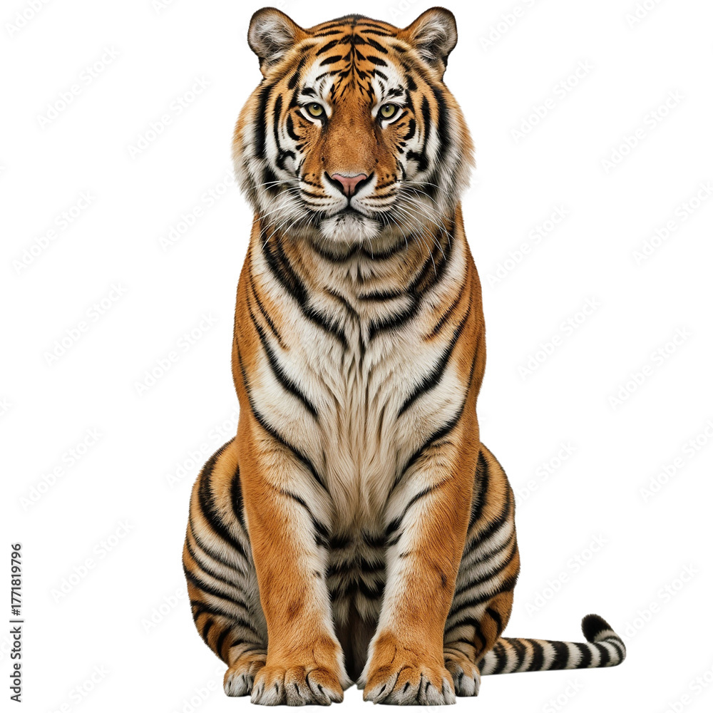 Obraz premium Majestic tiger sitting regal isolated on transparent background