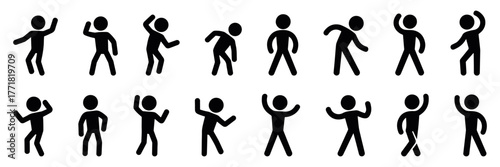 Minimal stick figure silhouettes in walking, standing, and motion poses on white background, black simple icons symbolizing human movement and posture, ideal for infographic