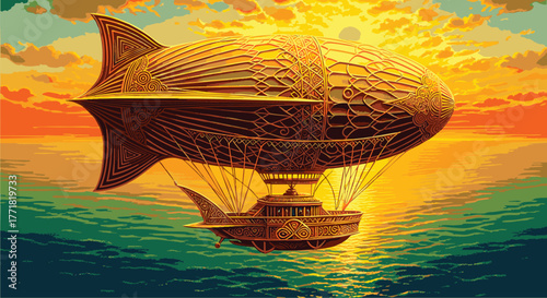 Steampunk Airship Soaring Over a Tranquil Ocean at Sunset, a Golden Vision of Adventure and Retrofuturism