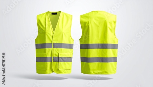 Two reflective safety vests mockup isolated on white backdrop for construction industry and road safety.