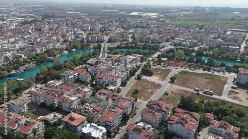 Aerial view of Manavgat town, Manavgat River, Old Bridge. Antalya region, Turkey. High quality footage in 4k format