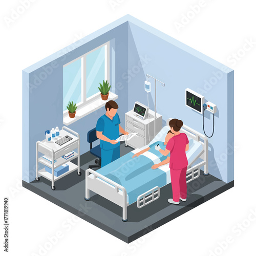 Isometric vector of hospital interior with healthcare workers and patients, modern medical service illustration
