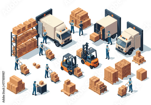 Isometric flat 3D vector of warehouse interior with workers loading boxes, forklifts, and delivery trucks, logistics and management theme