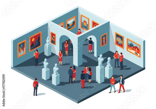Isometric 3D flat vector of museum art exhibition with visitors viewing artworks, creativity and culture illustration