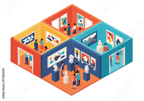 Isometric 3D flat vector of museum art exhibition with visitors viewing artworks, creativity and culture illustration