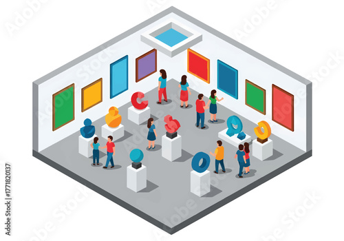 Isometric 3D flat vector of museum art exhibition with visitors viewing artworks, creativity and culture illustration