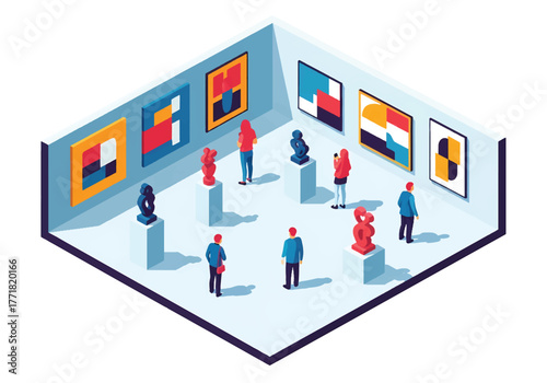Isometric 3D flat vector of museum art exhibition with visitors viewing artworks, creativity and culture illustration