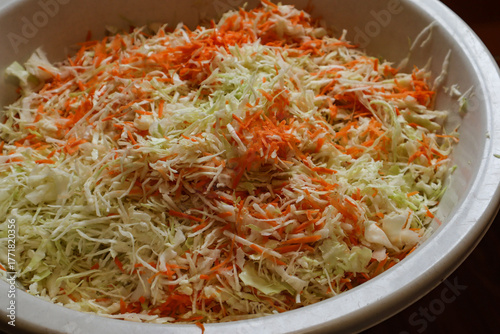 Close-up of chopped cabbage and carrots for pickling
