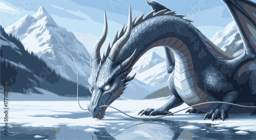 Majestic ice dragon in a stunning frozen mountain landscape, its powerful form reflecting on the tranquil, crystalline lake surface