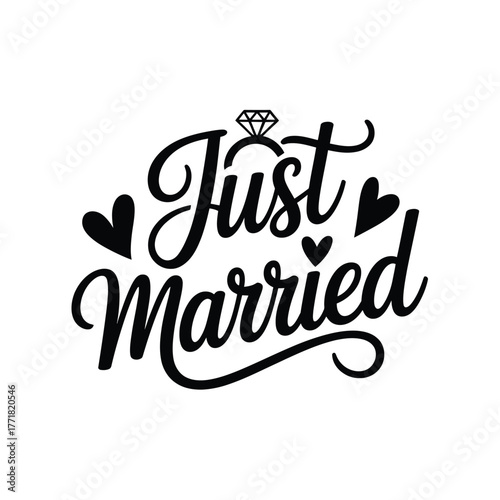 Elegant just married text with diamond ring and hearts vector graphic