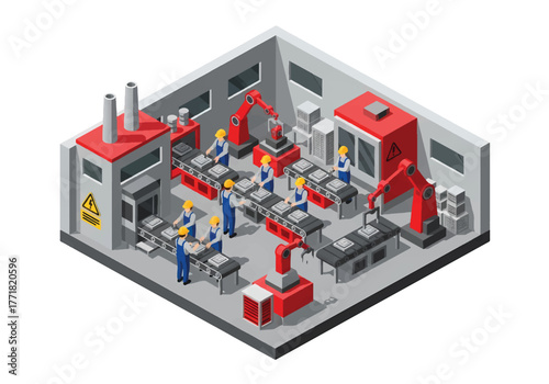 Isometric vector of modern factory with workers assembling products on conveyor belts, robotic arms, and packaging stations, manufacturing and automation theme
