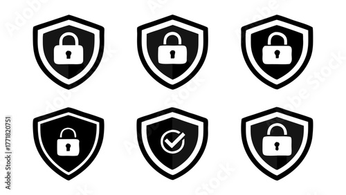Shield icons with lock and checkmark symbols for security and protection concepts