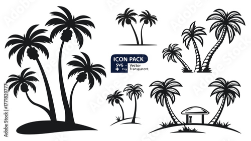 Palm tree silhouettes on islands with tropical scenery and beach huts