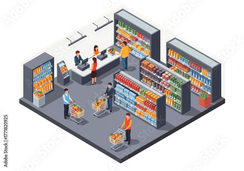 Isometric 3D flat vector of supermarket with customers shopping and paying at cashier, retail business concept