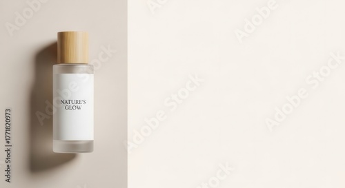 Minimalist isolated frosted glass cosmetic bottle with a natural wooden cap and 'NATURE'S GLOW' label, ideal for beauty, skincare, and wellness product mockups on a clean two-tone background.