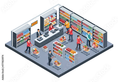 Isometric 3D flat vector of supermarket with customers shopping and paying at cashier, retail business concept