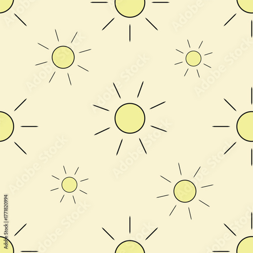 Yellow Sun Summer seamless Pattern background vector illustration.Sun Pattern on yellow Background. abstract small line art sun seamless pattern on yellow background. For textile, fabric and wallpaper