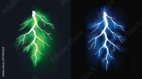 vector illustration of an abstract lightning.Electric Lightning Bolts Green and Blue Energy Strikes