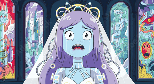 Distraught blue-skinned bride in a white wedding dress weeps with anguish, surrounded by vibrant, otherworldly stained glass windows in a fantastical, emotional ceremony