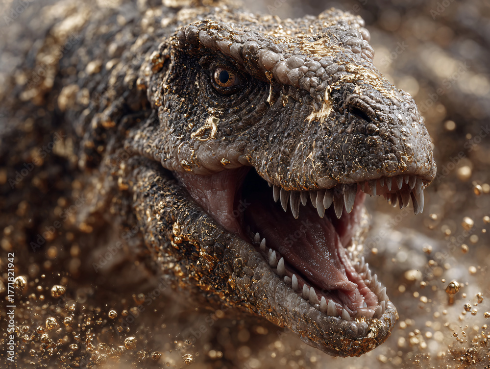 Obraz premium a dinosaur, possibly a T-Rex, in a dynamic pose with its mouth open, showing sharp teeth, and surrounded by a cloud of dust or debris