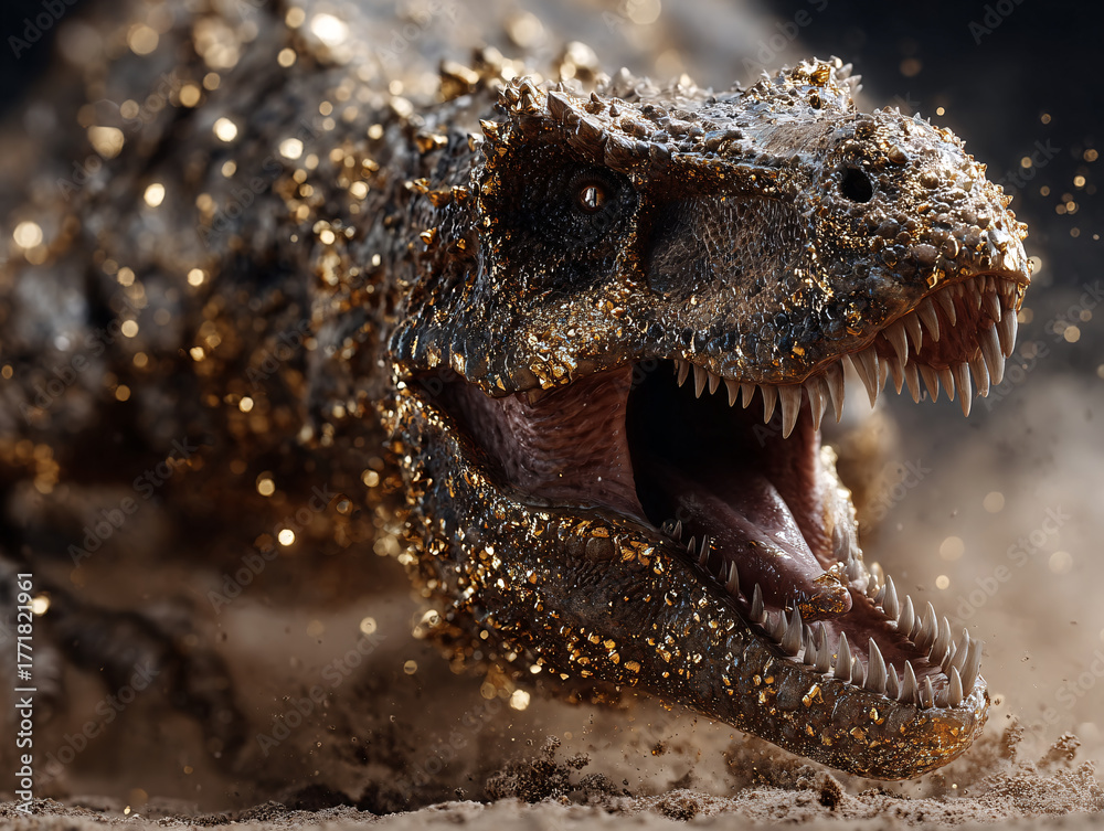 Obraz premium a dinosaur, possibly a T-Rex, in a dynamic pose with its mouth open, showing sharp teeth, and surrounded by a cloud of dust or debris