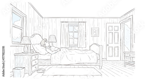 Line art illustration depicting a peaceful bedroom scene with a person comfortably asleep in bed, suggesting a calm and restful environment perfect for well-being