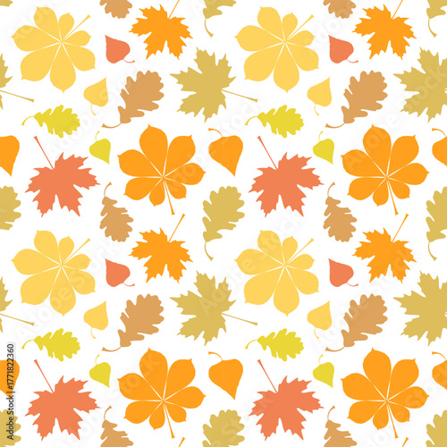 Beautiful random autumn leaves on a white background. Seamless pattern, print, wallpaper, vector illustration