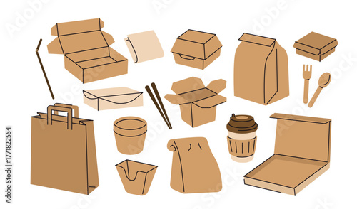 Take away packaging set. Collection of food container, paper bags, coffee cups, cardboard boxes. Cafe, restaurant delivery concept. Vector illustration.
