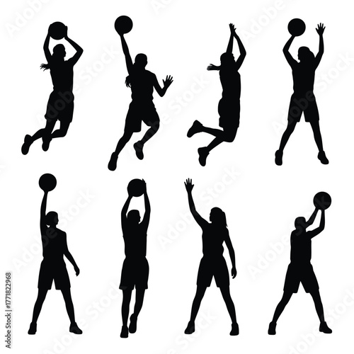Collection of basketball player silhouettes in dynamic action poses