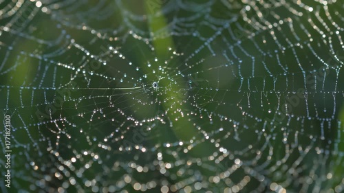 Close up View of a Sparkling Spider Web in the Early Morning Light
