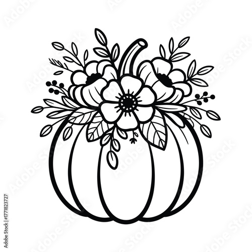 Black and white line art illustration of a pumpkin adorned with floral elements