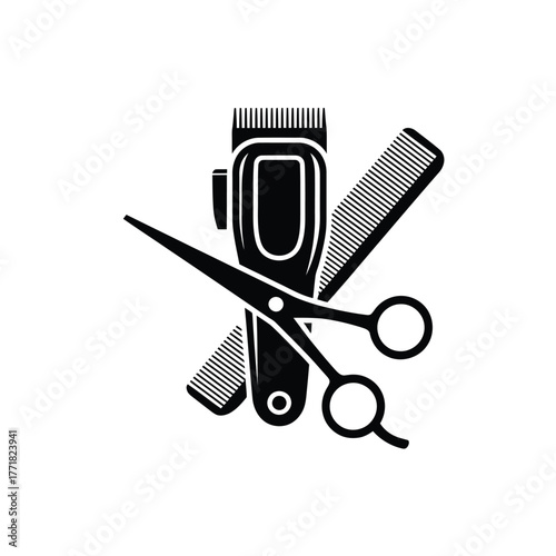 Vintage style barber tools including clippers comb and scissors crossed together