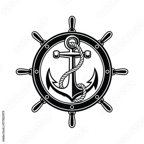 Nautical anchor and ship s wheel emblem with rope detail