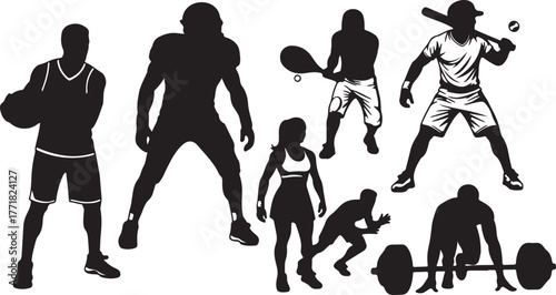 Dynamic collection of black athlete silhouettes representing diverse sports like basketball, football, and weightlifting, a vector set illustrating physical power and fitness